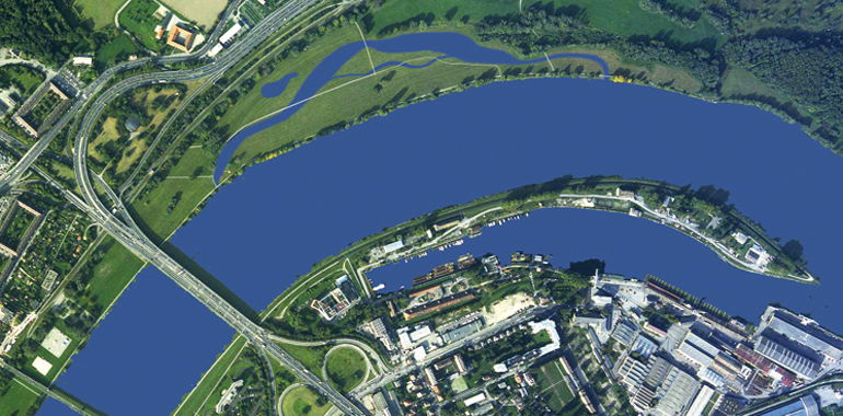 So könnte die neue Linzer „Donauinsel“ östlich der VOEST-Brücke aus der Vogel-Perspektive aussehen.