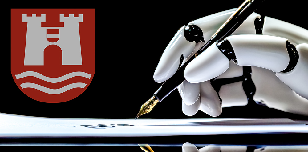 Robotic hand gracefully holds a fountain pen, writing on a sheet of paper against a dark background, showcasing the fusion of technology and creativity